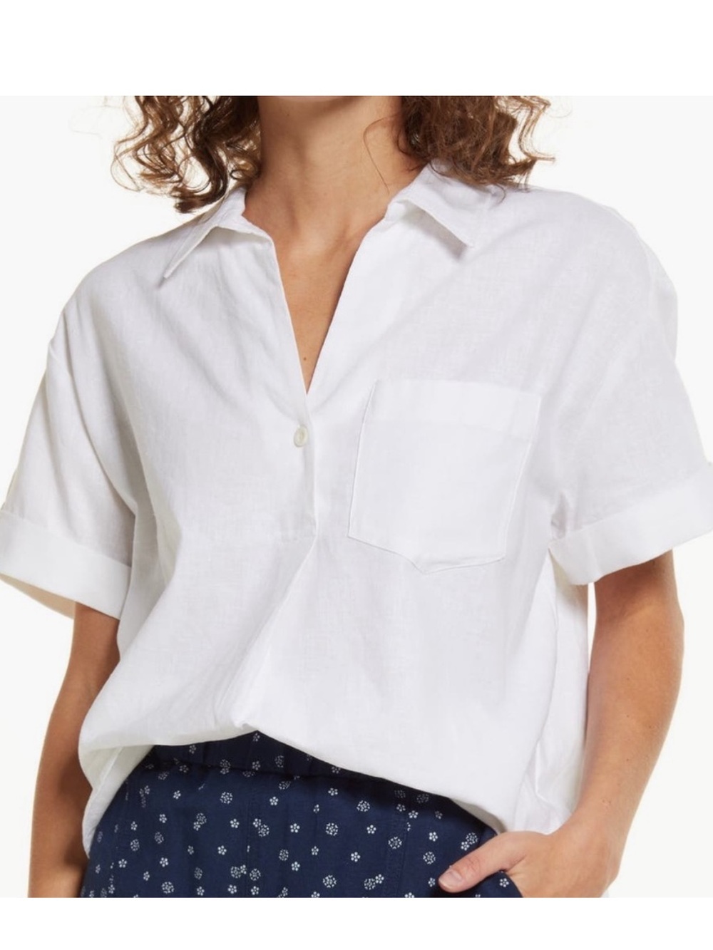 Madewell swenson White Linen-Blend Short Sleeve Button popover Shirt do good
